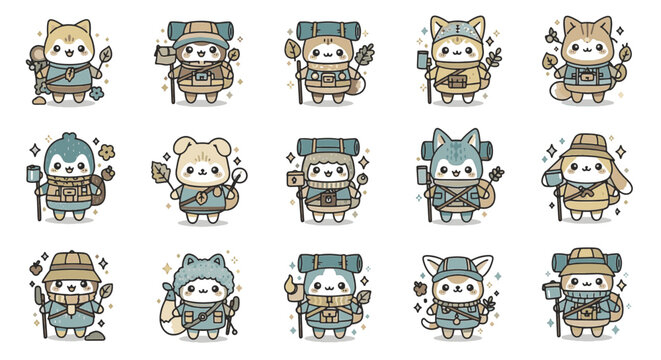 Set of 15 kawaii animal hiker illustrations including cats, dogs, and penguins wearing scout uniforms with camping gear, backpacks, bedrolls, and walking sticks on a white background.
