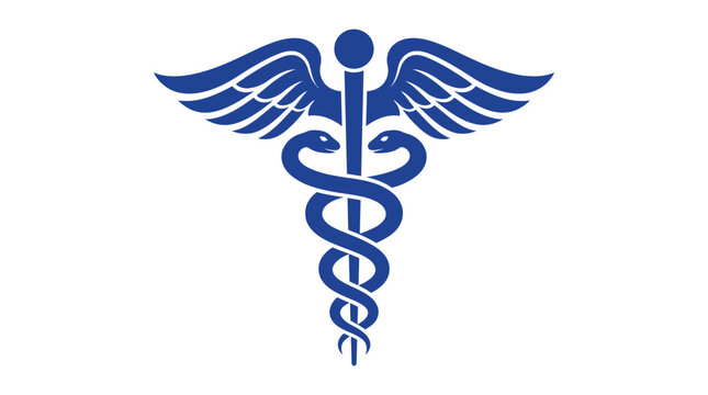 A detailed blue caduceus vector illustration featuring intertwined snakes and wings for professional medical branding