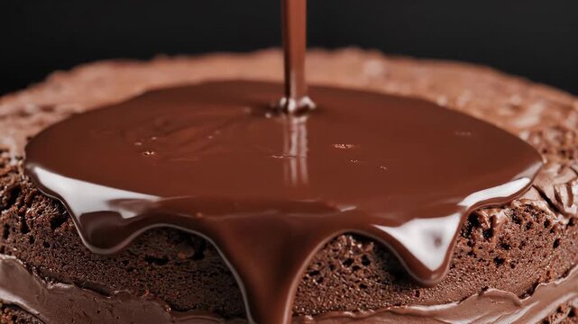 Rich melted chocolate sauce is lavishly poured onto a decadent dark chocolate cake against a striking black background, ideal for confectionery promotions.