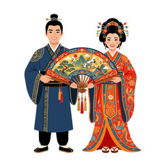 Obraz premium Asian couple in traditional wedding attire holding ornate fan