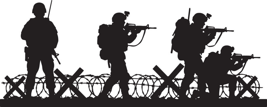 Black silhouette illustration of military soldiers with rifles and tactical gear positioned behind rolls of barbed wire and anti-tank obstacles on a plain white background.