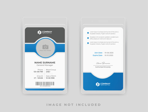 Employee id card template with blue accents and barcode