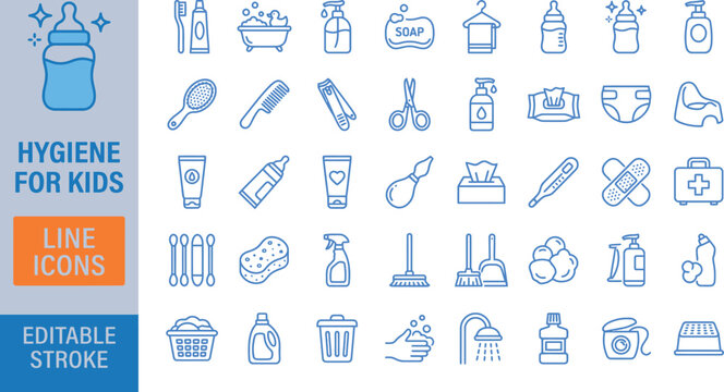 40+ outline Hygiene icons for kids and babies