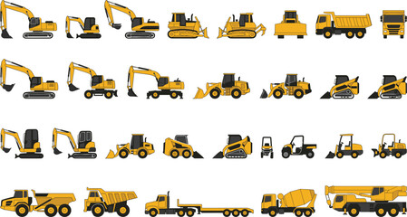Heavy Construction Machinery Vector Set Featuring Excavators, Bulldozers, Dump Trucks, and Industrial Equipment Illustrations © MdAriful