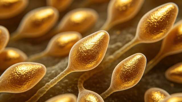 Original SEM micrograph of Trichophyton rubrum microconidia, characteristic teardrop shape, natural gold coating contrast, authentic dermatophyte fungal pathogen