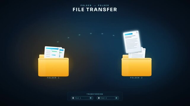 Folder to folder file transfer animation with documents moving and completion checkmark status
