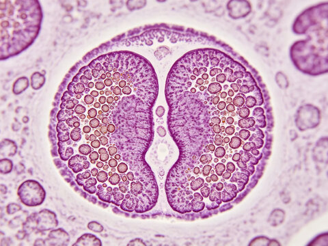 Original Wright-Giemsa blood micrograph of human eosinophil degranulating, characteristic bilobed nucleus, cytoplasmic granules released, authentic allergic reaction specimen
