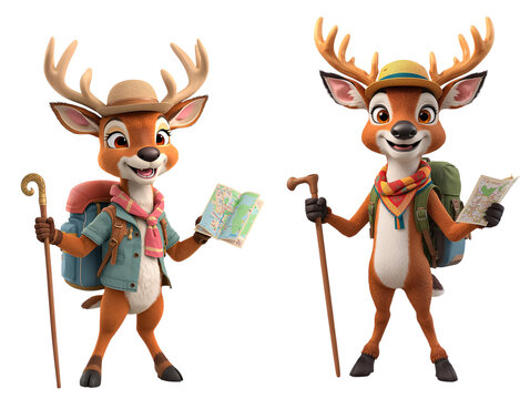 Happy cartoon deer tourist with backpack isolated on  white background 3D  