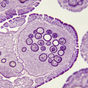 Original Giemsa stained splenic aspirate of Leishmania donovani amastigotes, characteristic small round bodies in macrophage, authentic visceral leishmaniasis specimen, parasitology