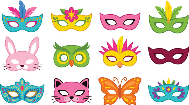 "Colorful vector illustration of twelve unique masquerade masks with festive designs for carnival, party, and costume themes"