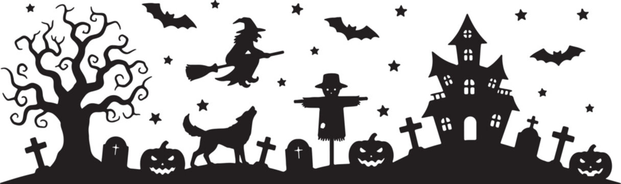 Halloween silhouette border illustration with a haunted house, flying witch on a broomstick, howling wolf, scarecrow, gnarled tree, bats, stars, and carved pumpkins in a graveyard scene.