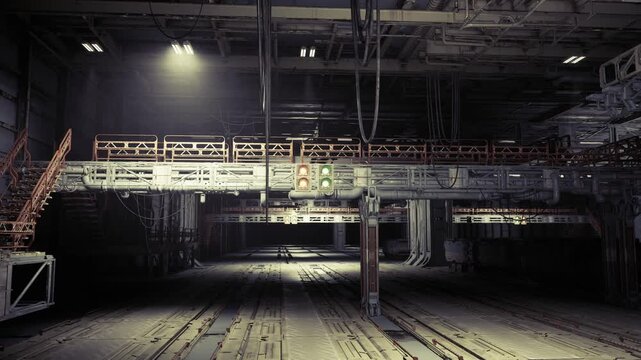 Spotlit metal bridge with dramatic shadows cast. Spotlit metallic pathway suspended with beams and cables generating stark industrial shadow patterns