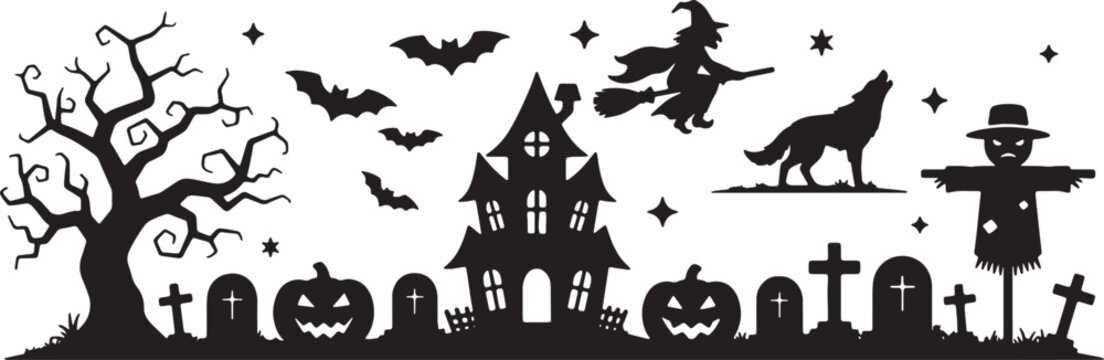 Halloween Silhouette Horizontal Banner Featuring Spooky Bare Tree, Graveyard Tombstones, Jack-o-Lantern Pumpkins, Haunted House, Flying Witch, Howling Wolf, and a Scarecrow.