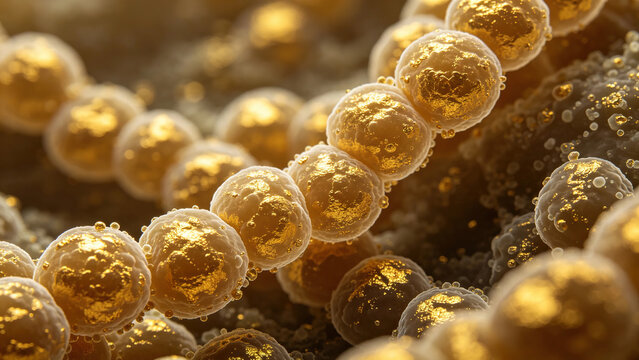 Original SEM micrograph of Streptococcus mutans, Gram-positive cocci chains, dental caries pathogen, natural biofilm texture, gold coating contrast, authentic oral bacterium