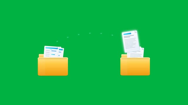 File transfer green screen animation with folders and documents on chroma key background