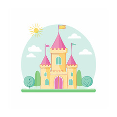 Fototapeta premium Fairytale castle illustration with sun and clouds