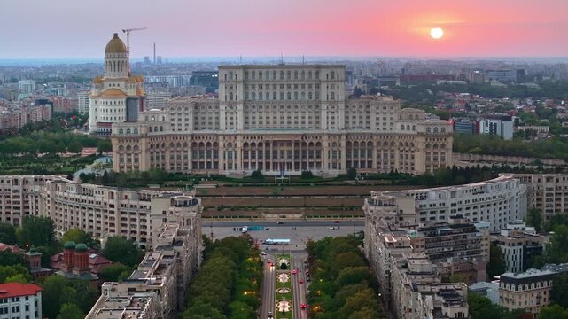 Aerial view of parliament palace in Bucharest during sunset.