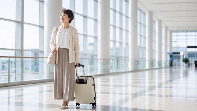 Japanese senior woman standing in bright airport terminal with cream carry on suitcase