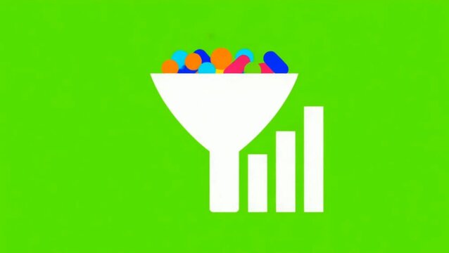 Data Analysis Process Animation Vector Funnel Icon Converting Abstract Information into a Bar Chart on Green Screen
