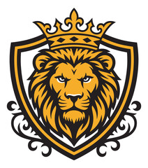 Obraz premium Majestic lion crown shield emblem, royal heraldry symbol, vector illustration golden lion crest, regal coat of arms design isolated