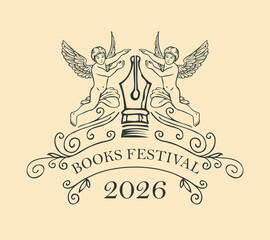 Obraz premium A vintage emblem themed around literature and writing, featuring a quill pen and two angels. Suitable for book festivals, bookstores, libraries, and educational institutions.
