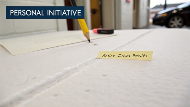 Close-Up of a Workspace Featuring a Note About Action and Results with Pencil on Table Surface in Office Environment