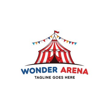 Colorful circus tent logo with flags and Wonder Arena text for entertainment events.
