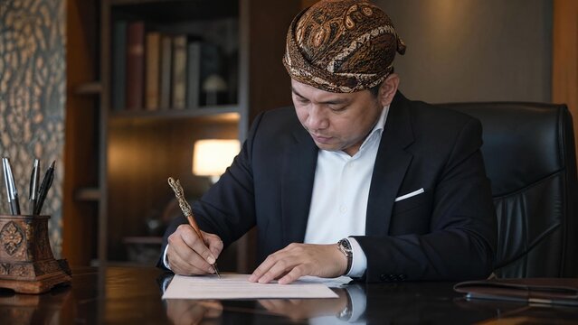Successful Indonesian Businessman in Traditional Blangkon Signing Contract in Luxury Office