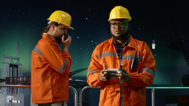 Finding new petrol extraction sites, drone close up and drilling rig crew during oil crisis while avoiding maritime ocean routes blockades, UAV and offshore platform teamworking colleagues.