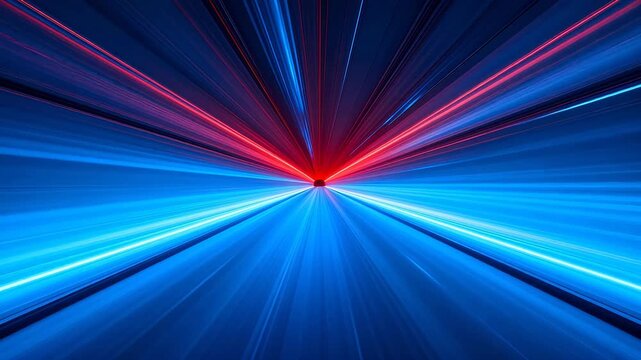 Abstract radial red and blue light rays converging to center on dark background