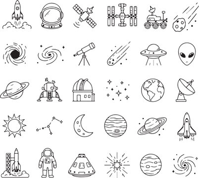 A collection of 30 space exploration icons featuring rockets, astronauts, satellites, planets, black holes, UFOs, and cosmic elements. Perfect for science, education, and technology-related projects. 
