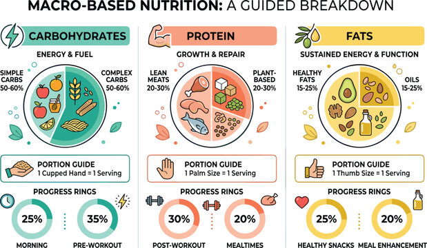 Macro nutrition infographic diagram showing carbohydrates protein and fats breakdown for fitness tracking diet app or health coaching website banner