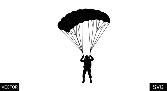 Silhouette of a skydiver descending with a parachute against white background