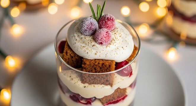 Delicious Festive Christmas Gingerbread Trifle Dessert with Whipped Cream and Frosted Cranberries Served in a Glass with Holiday Bokeh Lights