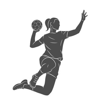 Silhouette of a handball player on a white background. A woman handball player throws a ball in a jump. Vector illustration