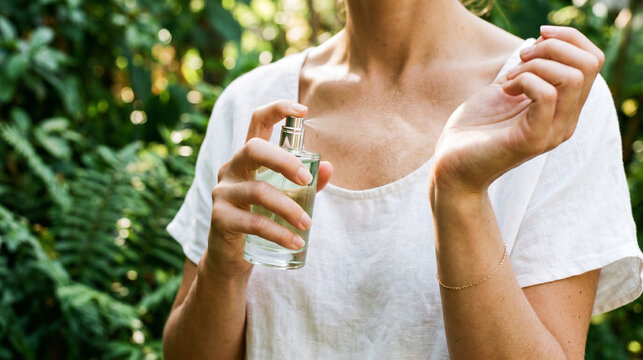 Young woman applying natural fragrance or perfume outdoors in a sunny garden with green foliage
