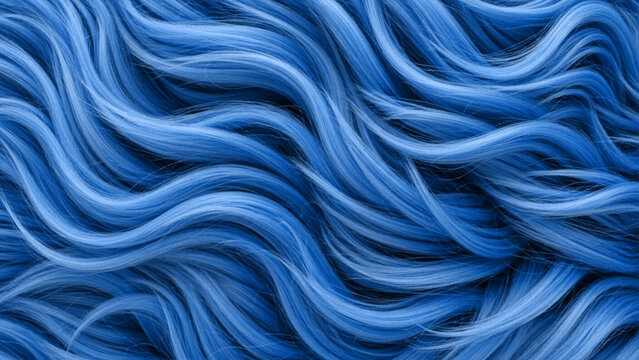 Close-up of wavy, flowing strands of vibrant blue hair, creating a rhythmic pattern of curves and soft textures with varying shades of azure and navy