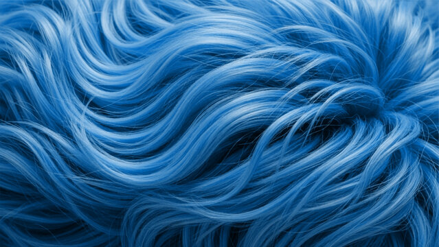 Close-up view of vibrant blue wavy hair strands, showing flowing texture, deep shadows, and bright highlights in a dense, layered pattern