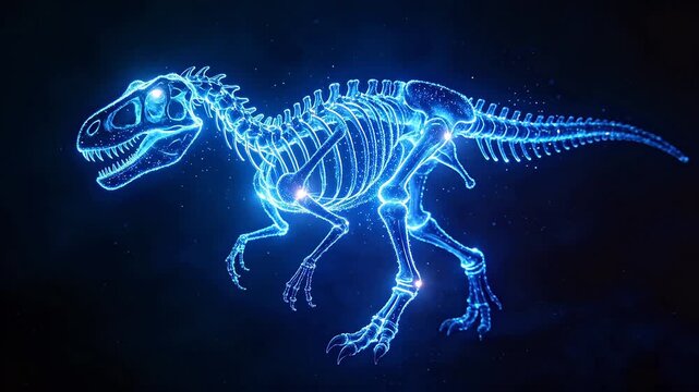 Glowing blue dinosaur skeleton in dynamic pose on dark background