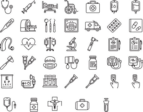 A set of 30 medical and healthcare icons including stethoscope, syringe, hospital bed, ambulance, pills, MRI scanner, and medical tools. Ideal for healthcare apps, clinics, and medical websites.