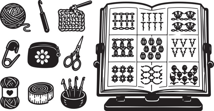 Crochet icons set, knitting tools, yarn and pattern book