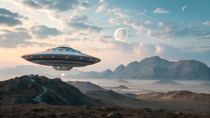 Fototapeta premium Retro flying saucer hovering above rocky desert mountain landscape at sunset with spaceship mountain landscape hovering mountains exploration extraterrestrial atmosphere dramatic adventure