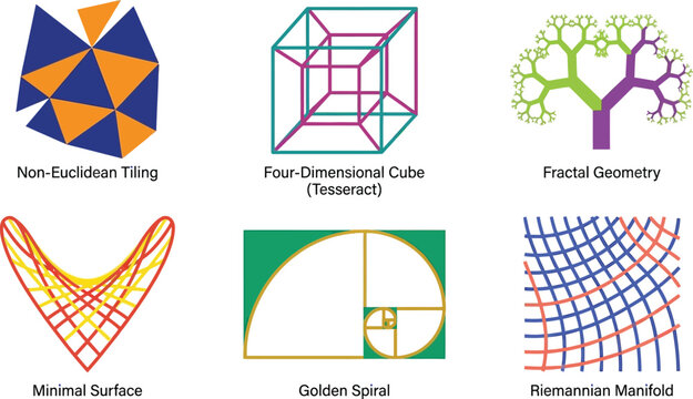 Collection of mathematical concepts and geometric illustrations including fractal geometry golden spiral and four-dimensional cube for educational or scientific presentations