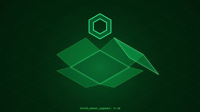 Abstract green glowing digital cube with hexagon element in a futuristic tech environment