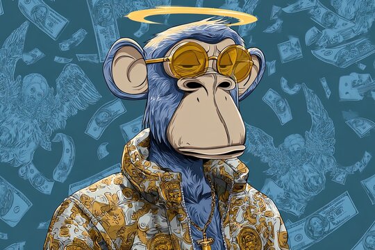 Cartoon ape NFT character with digital art style, cryptocurrency and blockchain concept. Ai Generative