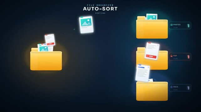 File organizer auto sort animation distributing files into photo document and folder categories