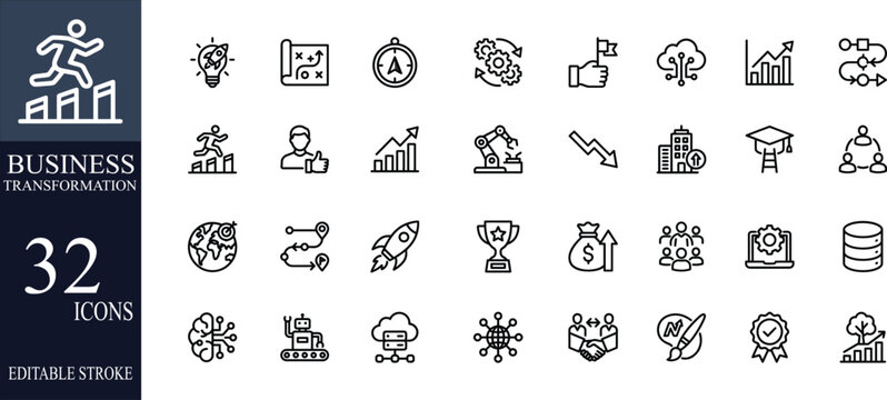 Business Transformation icon set. Contain icons related to Business, transformation, innovation, strategy, growth, optimization, process, and more. Editable stroke. Vector illustration.