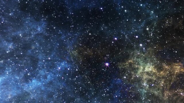 Space travel through the vast expanse of the universe. Blue galaxies and constellations fly by. Looped repeating footage. 
