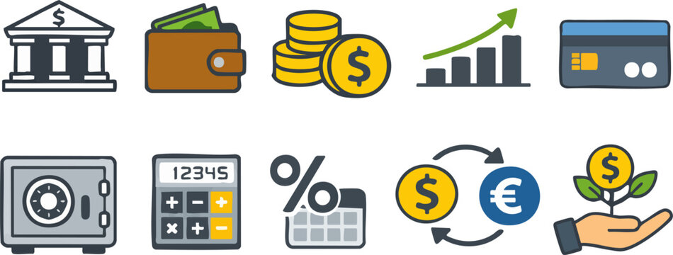 Banking and personal finance icons set. Vector flat illustrations of money savings, financial growth graph, wallet with cash, credit card payment, investment asset, tax loan calendar, and currency exc