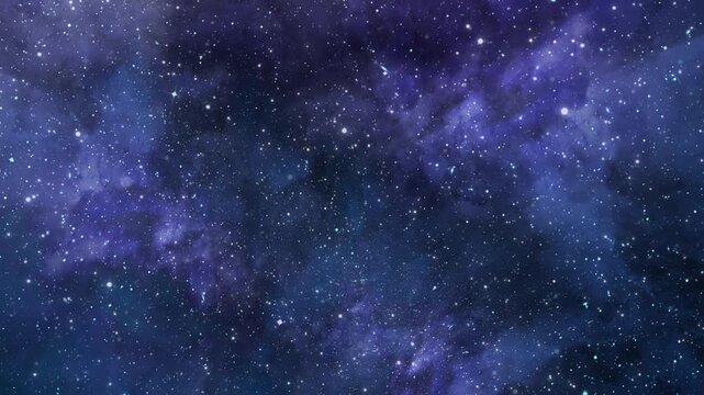 Slow movement through the infinite space of the universe. Galaxies and stars fly by. Looped repeating footage